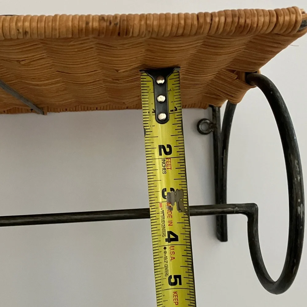 Wrought Iron and Wicker Wall Shelf With Hanging Bar, Ready To Hang